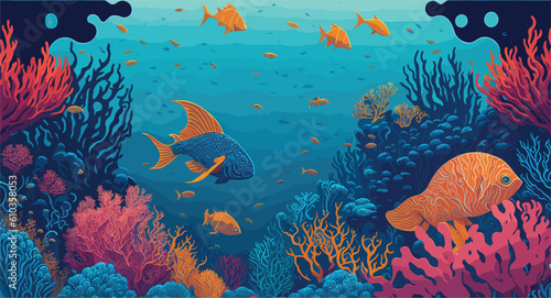 vector style background image that captures the essence of underwater life, combining intricate coral reefs, vibrant marine creatures, and shimmering rays of light filtering through the ocean depths.