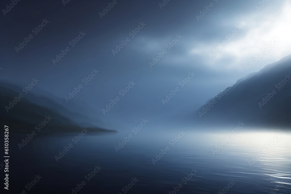 Dark foggy coastal landscape. Dawn on the sea bay, mountain peaks. Generative AI.