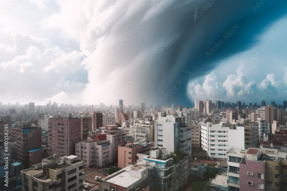 Typhoon effect endangering a big city with tsunami and other natural disasters, deadly dangerous, catastrophe. Generative AI