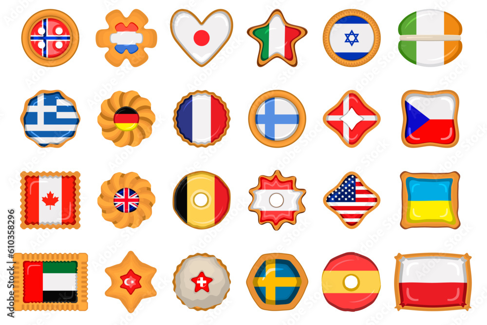 Set homemade cookie with flag country world in tasty biscuit Set homemade cookie with flag country world in tasty biscuit