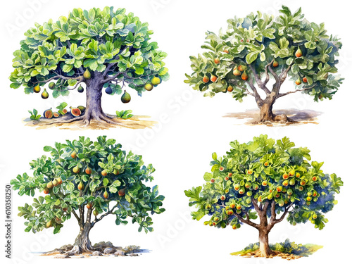 Collection of watercolor fig tree isolated on white background. PNGs transparent background. AI Generative.
