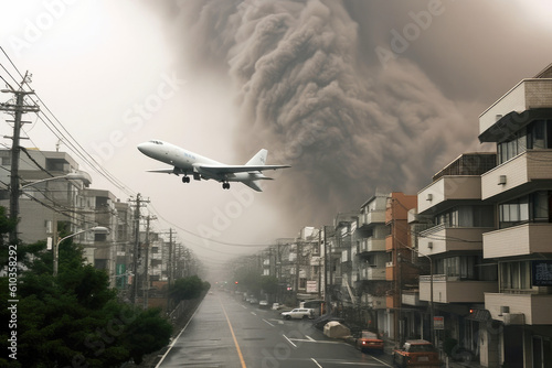 Typhoon effect endangering a big city with tsunami and other natural disasters, plane taking off and running away, deadly dangerous, catastrophe. Generative AI