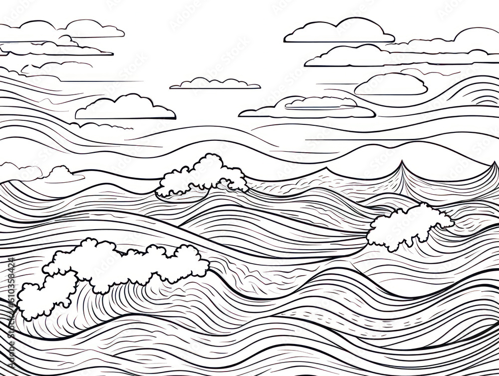 Captivating kids' monochrome illustration with ocean waves theme, sparking imagination and creativity - license this unique artwork now. Generative AI Captivating kids' monochrome illustration with ocean waves theme, sparking imagination and creativity - license this unique artwork now. Generative AI