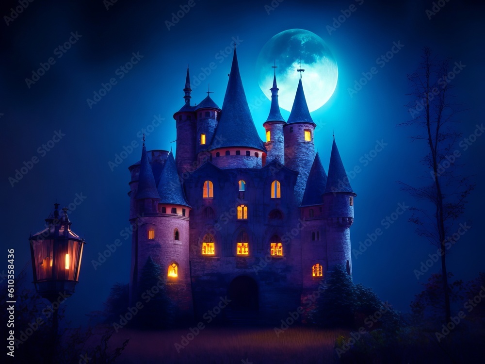 Creepy halloween castle with blue night light and full moon, simple illustration, many towers, generative AI