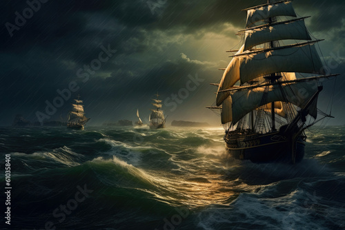 Old sailing ship battle on the stormy sea at night with dark background, rainy weather. Generative AI