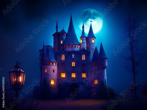 Creepy halloween castle with blue night light and full moon  simple illustration  many towers  generative AI