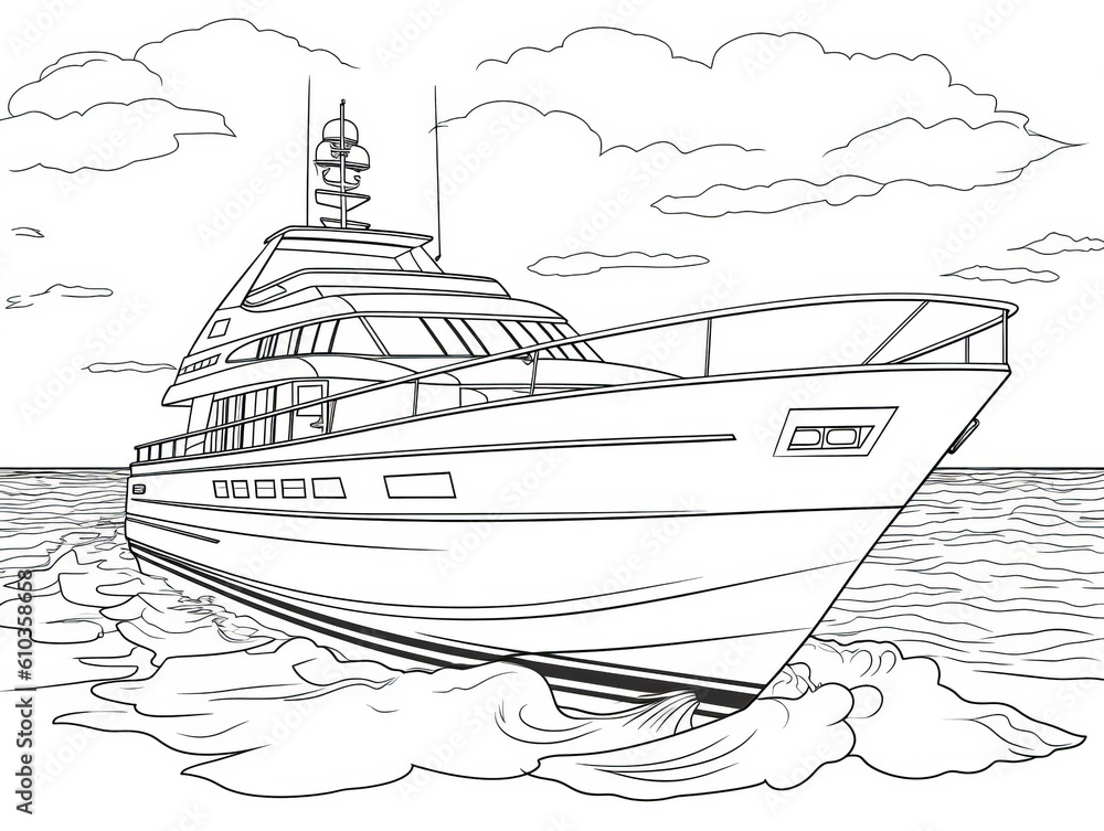 Charming monochrome image for kids' coloring, presenting an adventurous yacht theme inspiring excitement and imagination—perfect for artistic endeavors. Generative AI