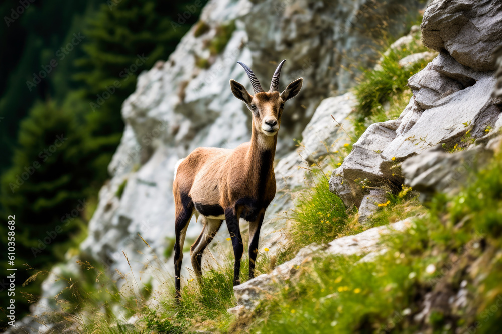 Lightly brown chamois living in the mountains, wildlife exploding in the Alps, beautiful background of the nature. Generative AI Lightly brown chamois living in the mountains, wildlife exploding in the Alps, beautiful background of the nature. Generative AI
