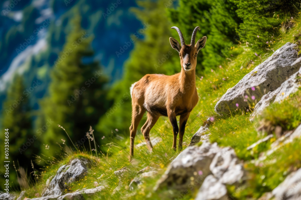 Lightly brown chamois living in the mountains, wildlife exploding in the Alps, beautiful background of the nature. Generative AI