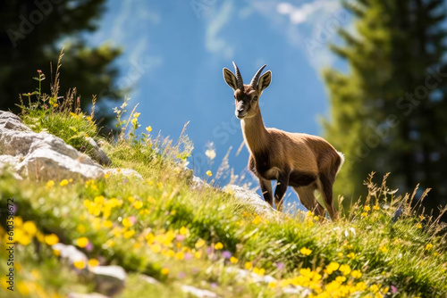 Lightly brown chamois living in the mountains, wildlife exploding in the Alps, beautiful background of the nature. Generative AI photo