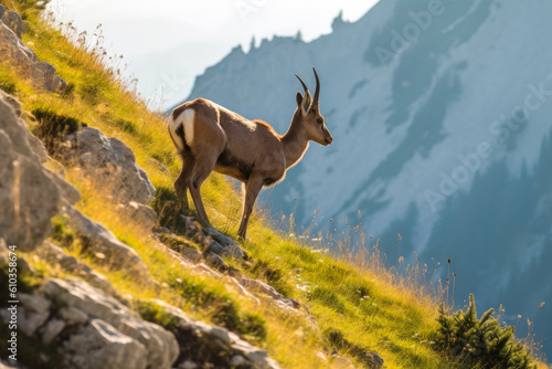 Lightly brown chamois living in the mountains, wildlife exploding in the Alps, beautiful background of the nature. Generative AI