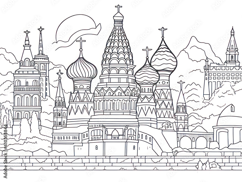Captivating and engaging Moscow architecture-themed coloring illustration for children, immersing them in the beauty of Russia's iconic landmarks. Dive into creativity! (). Generative AI