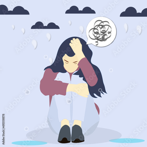 mental illness depressed and sad woman under the rain