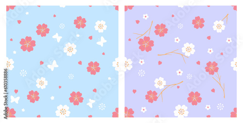 Seamless pattern with Sakura flower cherry blossom, butterfly cartoons on blue and purple backgrounds vector illustration. Cute floral print.