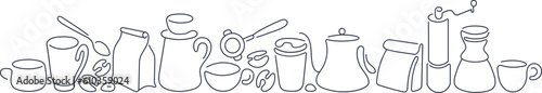 Coffee cup, kettle and aroma beans. Abstract line vector border on white background. Graphic design for coffee shop and cafe