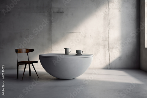A table in front of a wall in a minimalistic interior design composition. Generative AI
