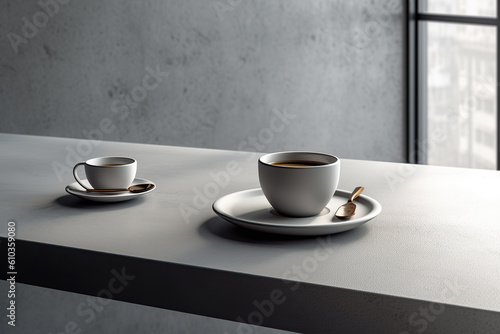 A table in front of a wall in a minimalistic interior design composition. Generative AI