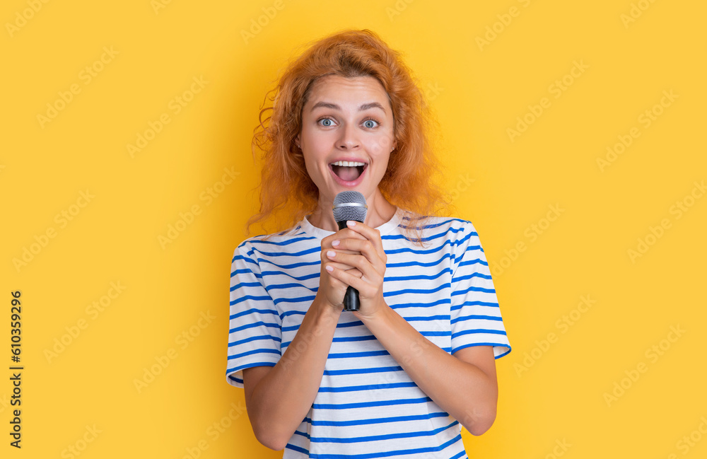 happy woman singer isolated on yellow background. young singer woman sing in studio. happy woman singer isolated on yellow background. young singer woman sing in studio.