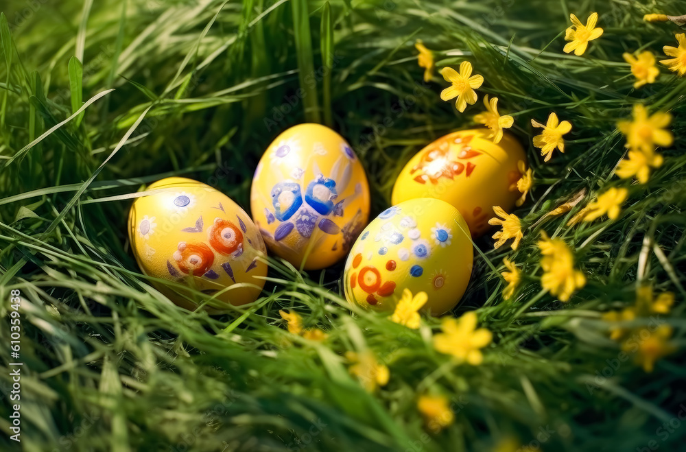 Easter themed eggs in the grass with yellow & white daffodil flowers. Generative Ai.