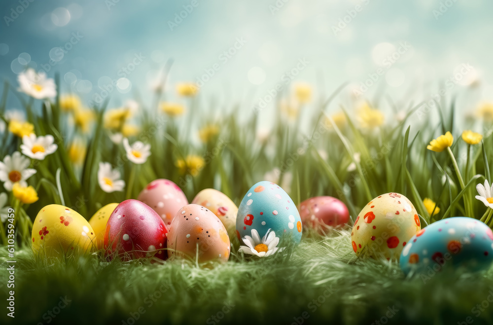Easter themed eggs in the grass with yellow & white daffodil flowers. Generative Ai.