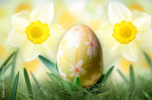 Easter themed eggs in the grass with yellow & white daffodil flowers. Generative Ai.