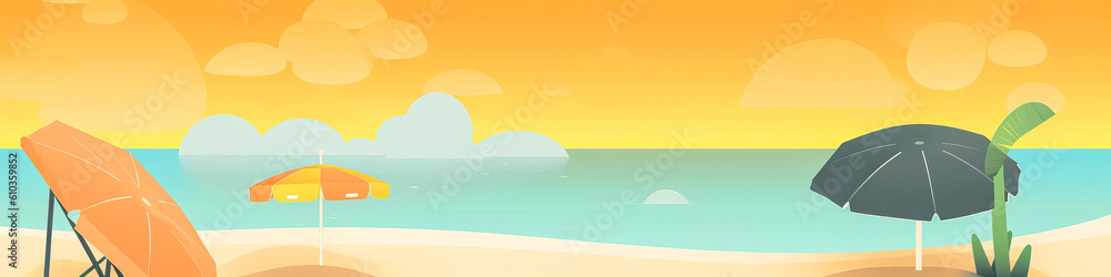 Captivating minimalist beach-themed banner for impactful promotions, featuring vibrant holiday colors and an emotionally evocative appeal. License now for success! Generative AI
