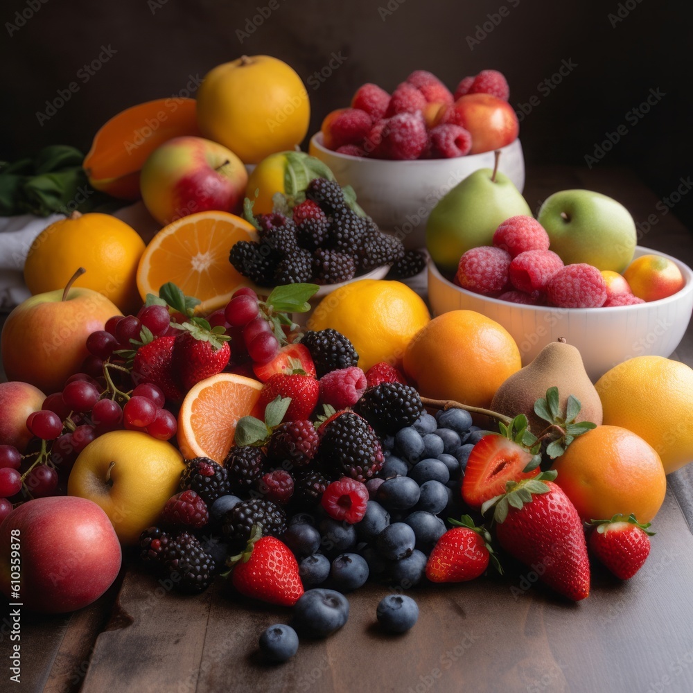 all fresh fruit strawberry kiwi mulberry orange apple grapes and etc