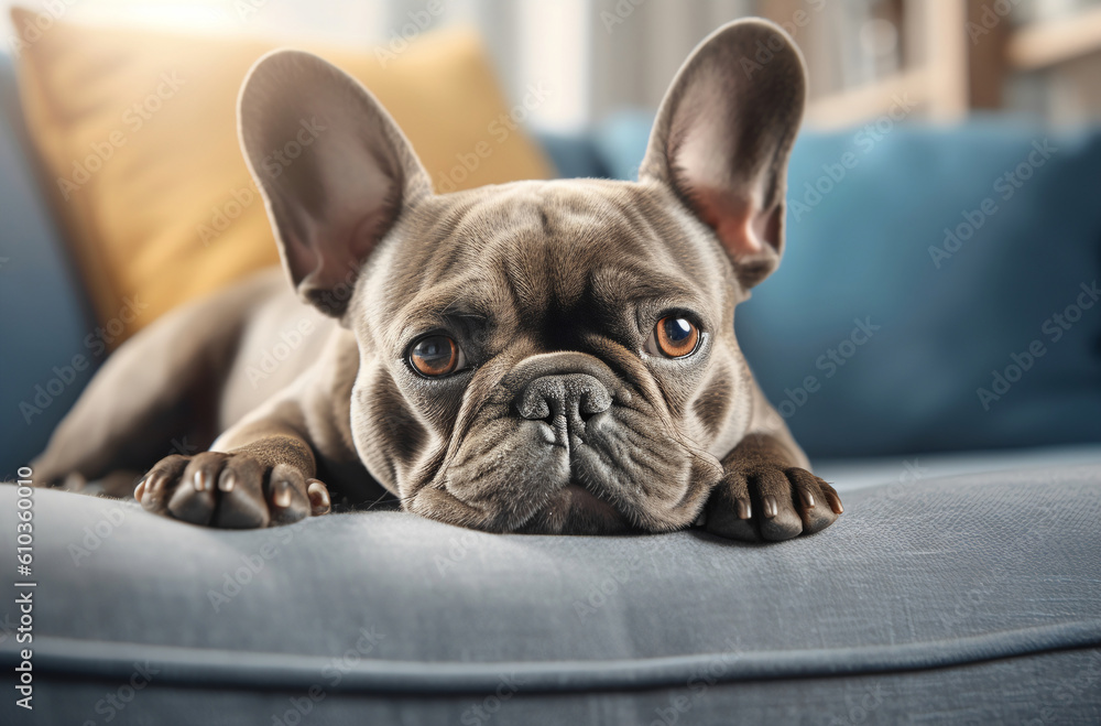 French bulldog resting on a couch. Generative Ai.