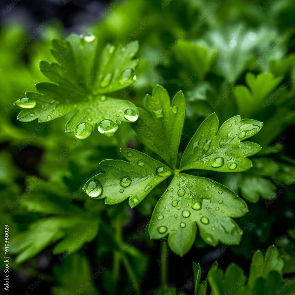 cilantro leaves with water droplets, reflecting the natural sunlight cilantro leaves with water droplets, reflecting the natural sunlight