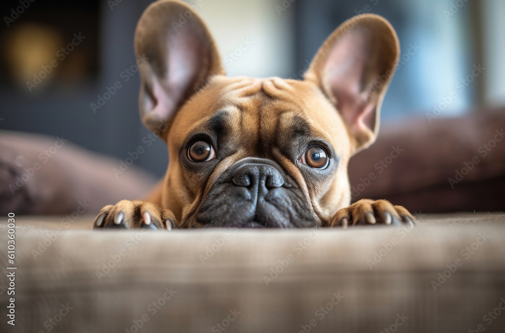 French bulldog resting on a couch. Generative Ai.