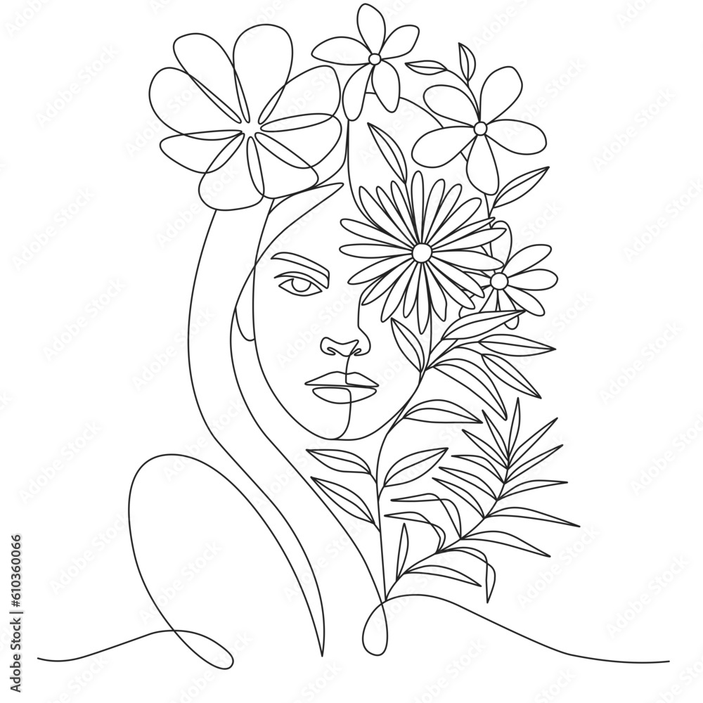 Womens day Line art vector illustration. Line art woman face with flower, woman face line art, wall art design Womens day Line art vector illustration. Line art woman face with flower, woman face line art, wall art design