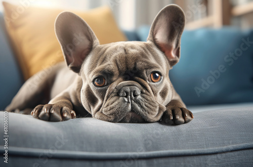 French bulldog resting on a couch. Generative Ai. © LeveL4