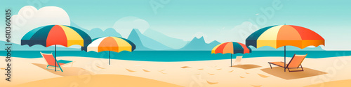 Captivating minimalist beach-themed banner with vibrant colors, evoking warm emotions and holiday vibes. Perfect for promoting seaside getaways and ensuring high appeal to viewers. Generative AI