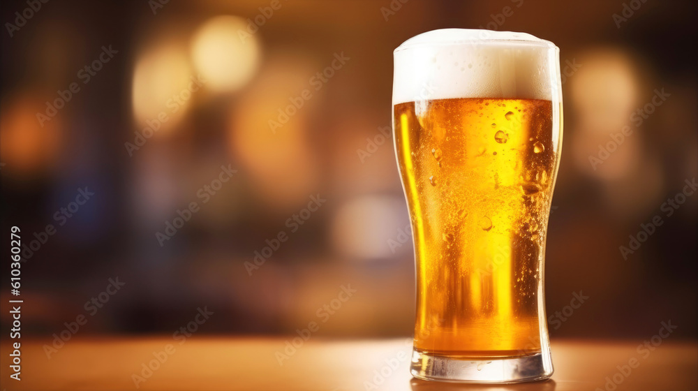 Beer glass on a wooden tabletop with space for copy. Generative AI Beer glass on a wooden tabletop with space for copy. Generative AI