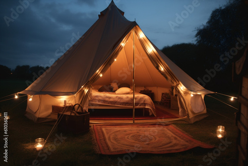 tent nature travel glamping camping light vacation luxury forest canvas. Generative AI.