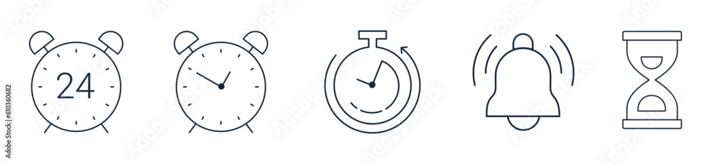 alarm clock icon set Vector. Time and clock, timer line icons alarm clock icon set Vector. Time and clock, timer line icons