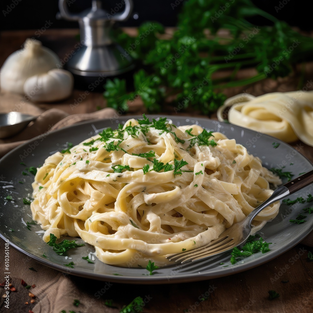 A plate of creamy Fettuccine Alfredo garnished with parsley and parmesan cheese. A plate of creamy Fettuccine Alfredo garnished with parsley and parmesan cheese.
