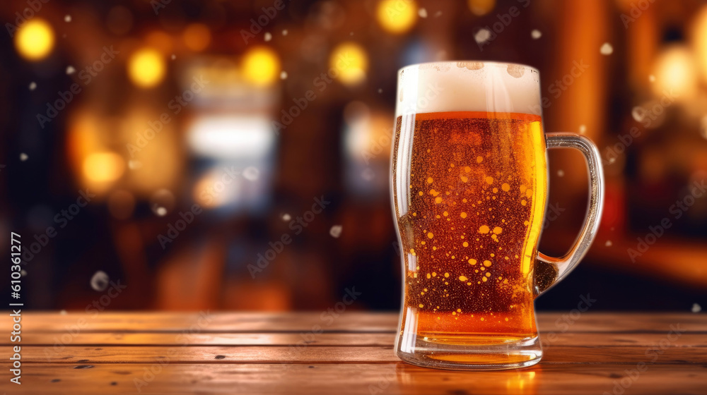 Beer glass on a wooden tabletop with space for copy. Generative AI Beer glass on a wooden tabletop with space for copy. Generative AI