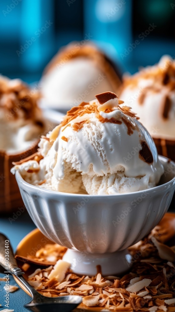 coconut milk ice cream scoops topped with toasted coconut flakes in a bowl coconut milk ice cream scoops topped with toasted coconut flakes in a bowl