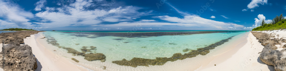 Stunning panoramic view of a tranquil, secluded beach with immaculate white sands and crystal-clear turquoise waters, all set against a warm, sunny backdrop. Generative AI