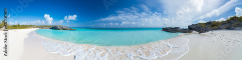 Splendid panoramic beach scene featuring pristine white sand  crystal-clear turquoise waters  and a radiant sunny sky - an emotionally stirring visual treat. Generative AI