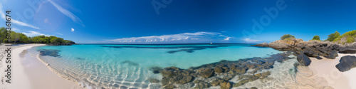 Stunning panoramic beach scene evoking serenity, with pristine white sand, vivid turquoise waters, and a radiant sunlit sky. Capture the essence of a secluded paradise. Generative AI