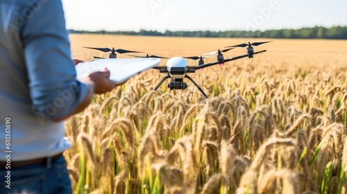 Drone flies over agricultural fields by Generative AI