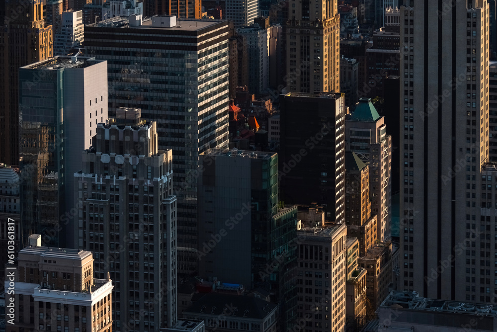 City skyline at sunset