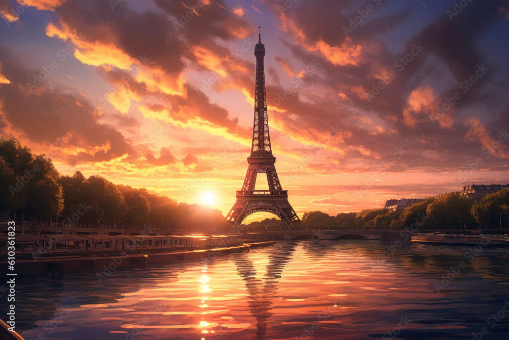 Obraz premium The Eiffel tower seen with a dramatic colorful sunset in Paris, France. Generative Ai.