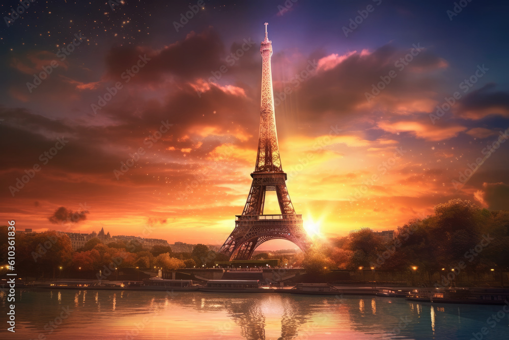 The Eiffel tower seen with a dramatic colorful sunset in Paris, France. Generative Ai.