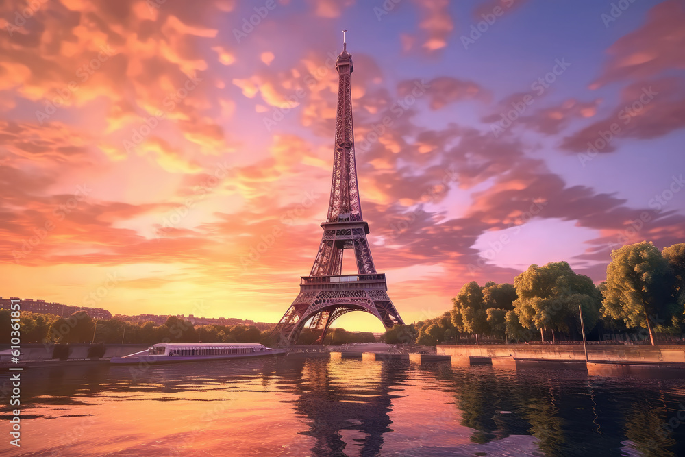 Obraz premium The Eiffel tower seen with a dramatic colorful sunset in Paris, France. Generative Ai.