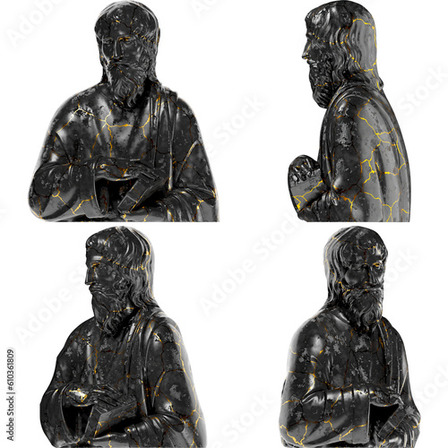 A Saint with a Book - Black glossy marble and gold statue. Perfect for graphic design, promotions.