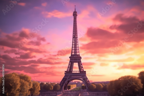 The Eiffel tower seen with a dramatic colorful sunset in Paris  France. Generative Ai.
