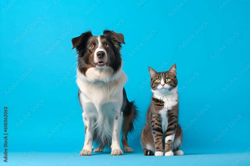 A border collie and a cat sitting together on a blue background with Generative AI.